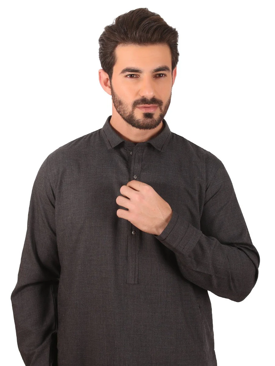 Men's Charcoal Shalwar Kameez - EMTKS19-038 - Image 3