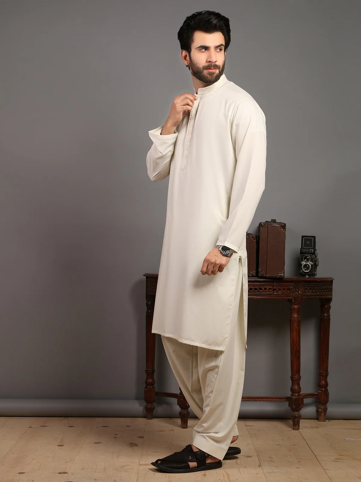 Men's Pearl White Shalwar Kameez - EMTKS19S-40769 - Image 3