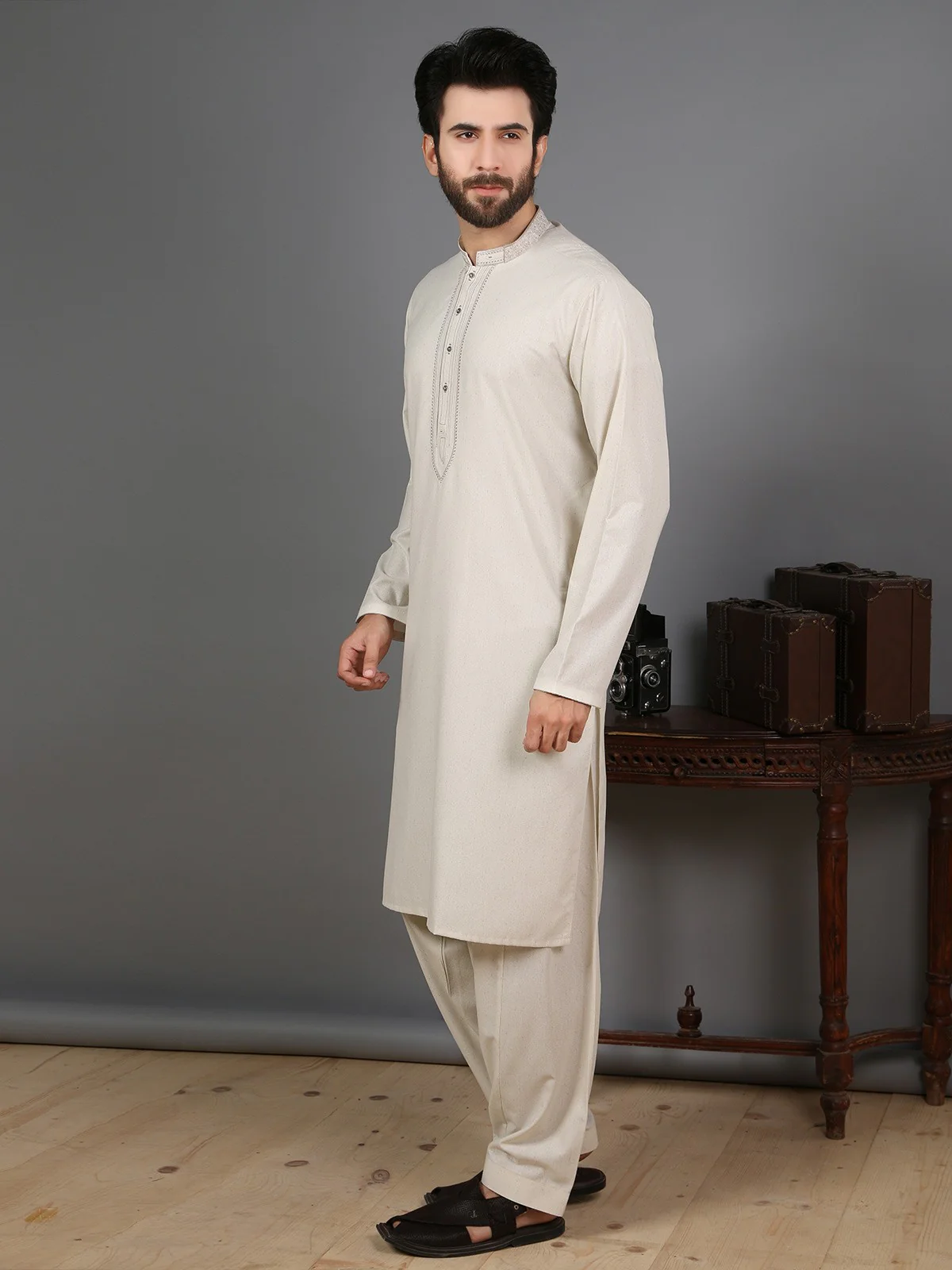 Men's Oatmeal Shalwar Kameez - EMTKS19S-40770 - Image 2