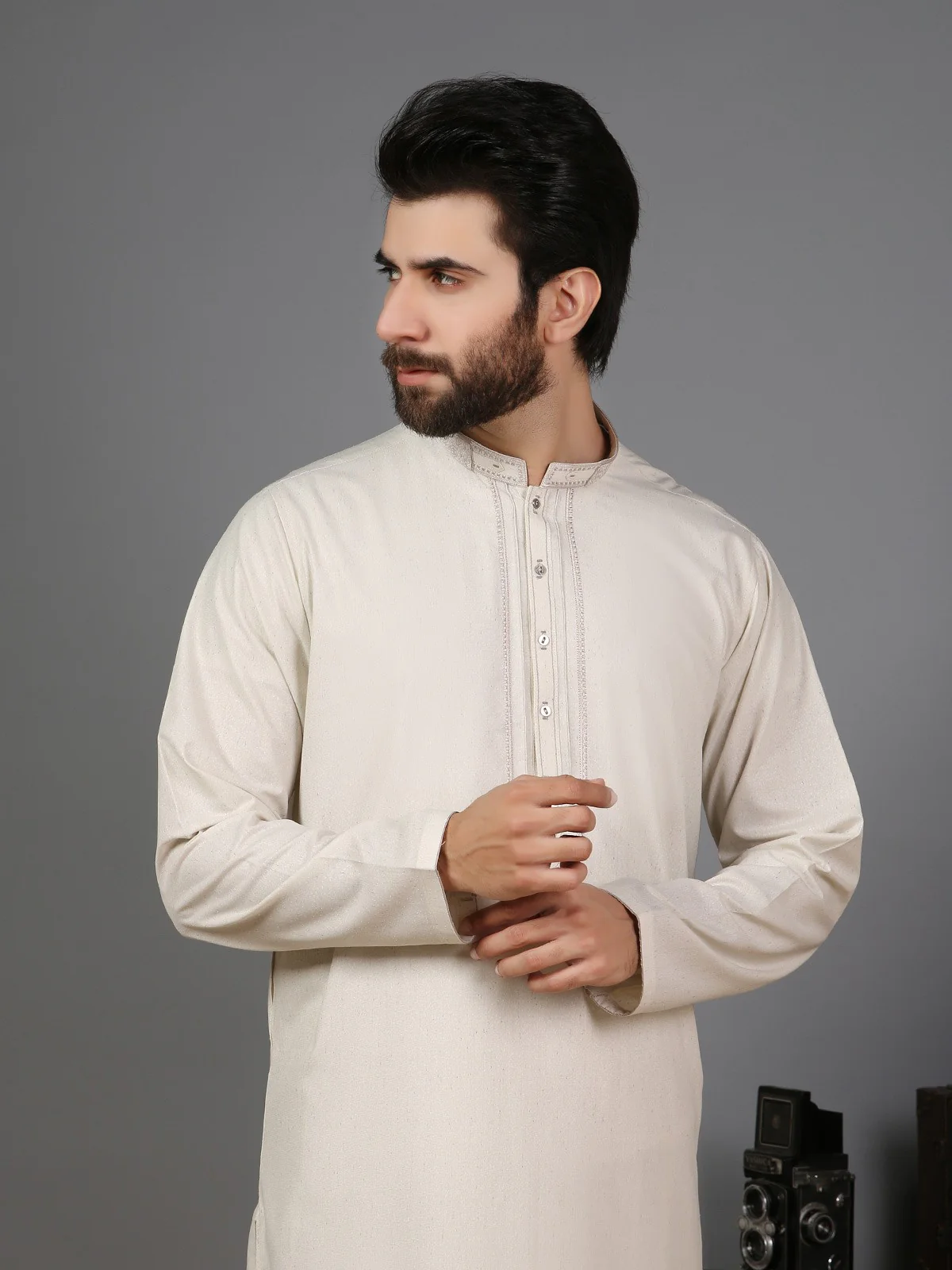 Men's Oatmeal Shalwar Kameez - EMTKS19S-40770 - Image 3
