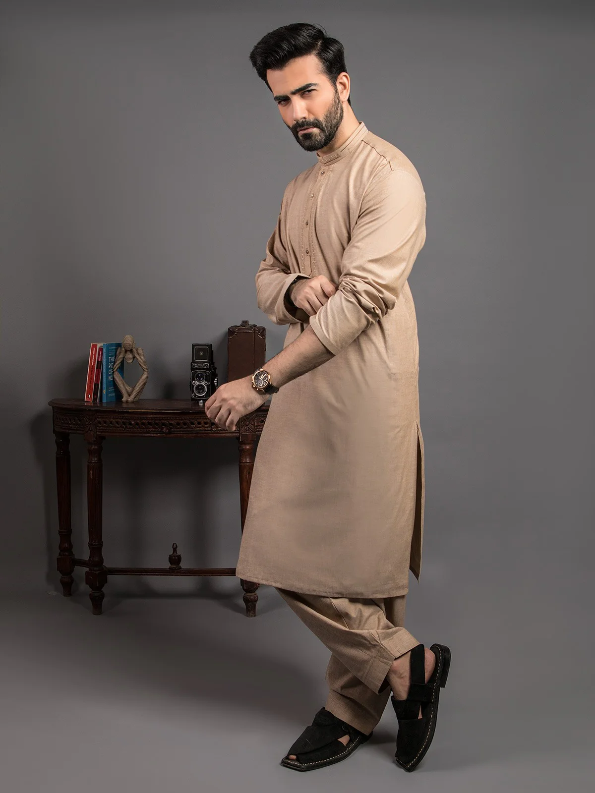 Men's Sand Shalwar Kameez - EMTKS19S-40772 - Image 2