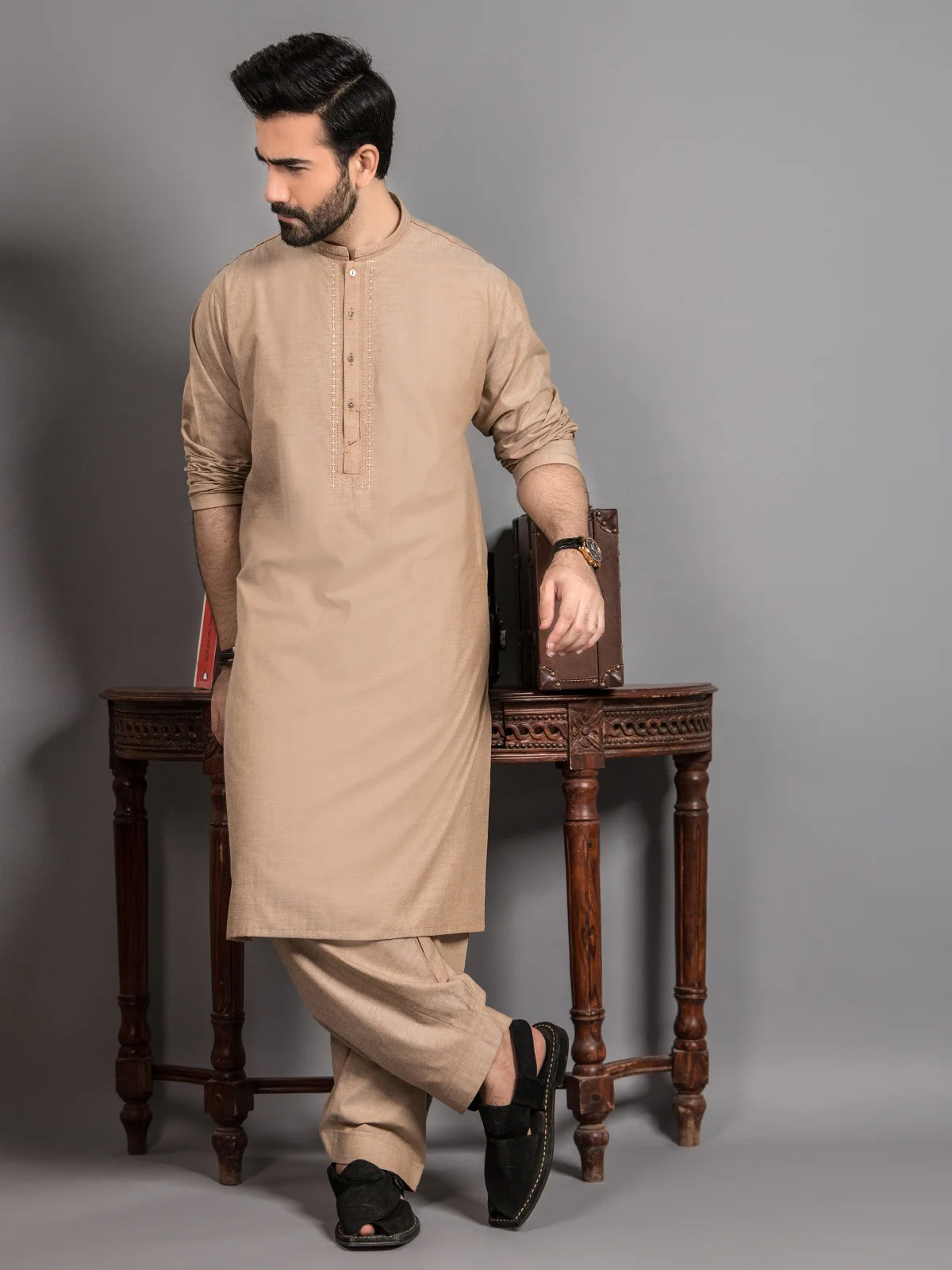 Men's Sand Shalwar Kameez - EMTKS19S-40772 - Image 3