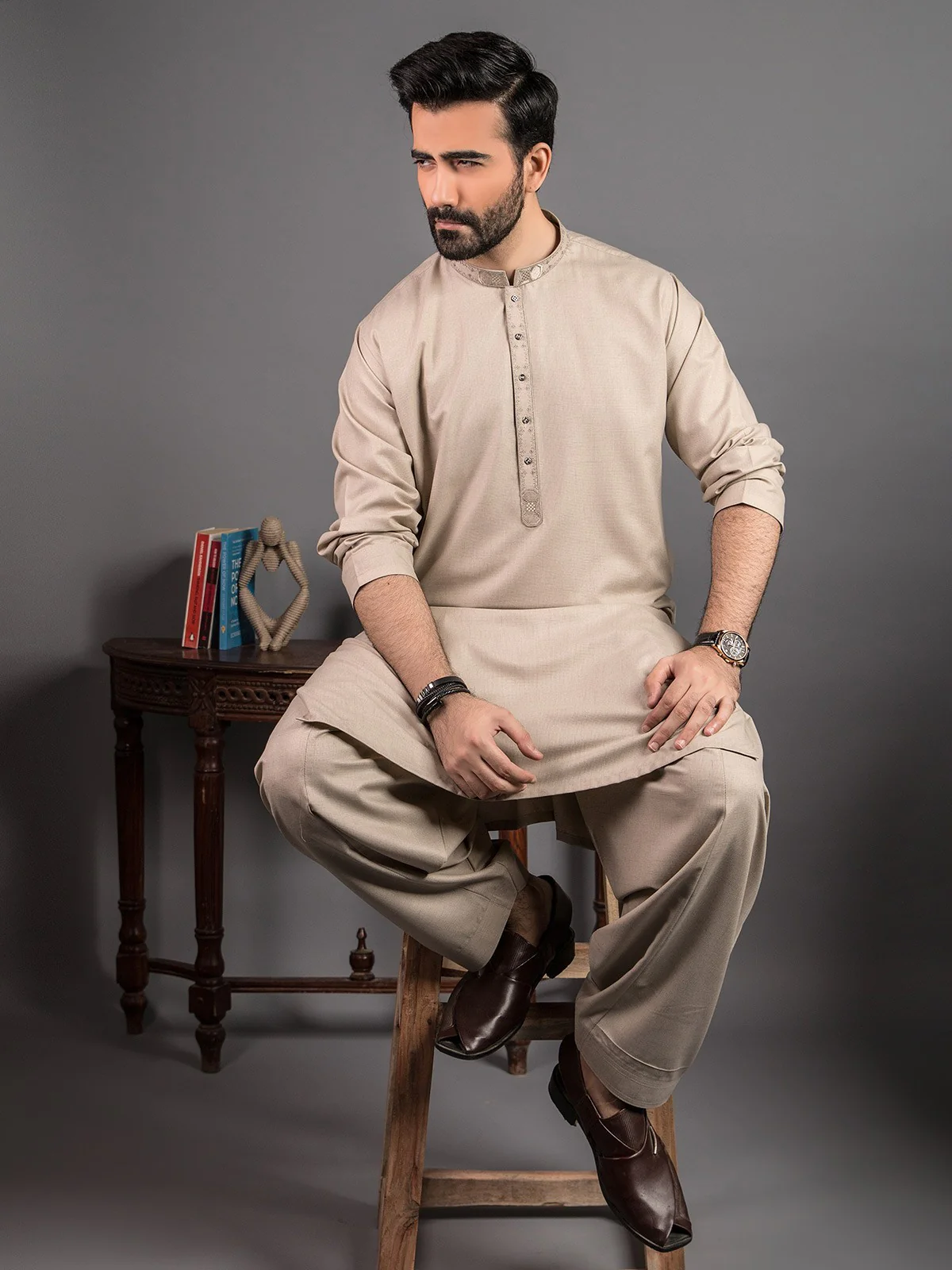 Men's Light Sage Shalwar Kameez - EMTKS19S-40774 - Image 3