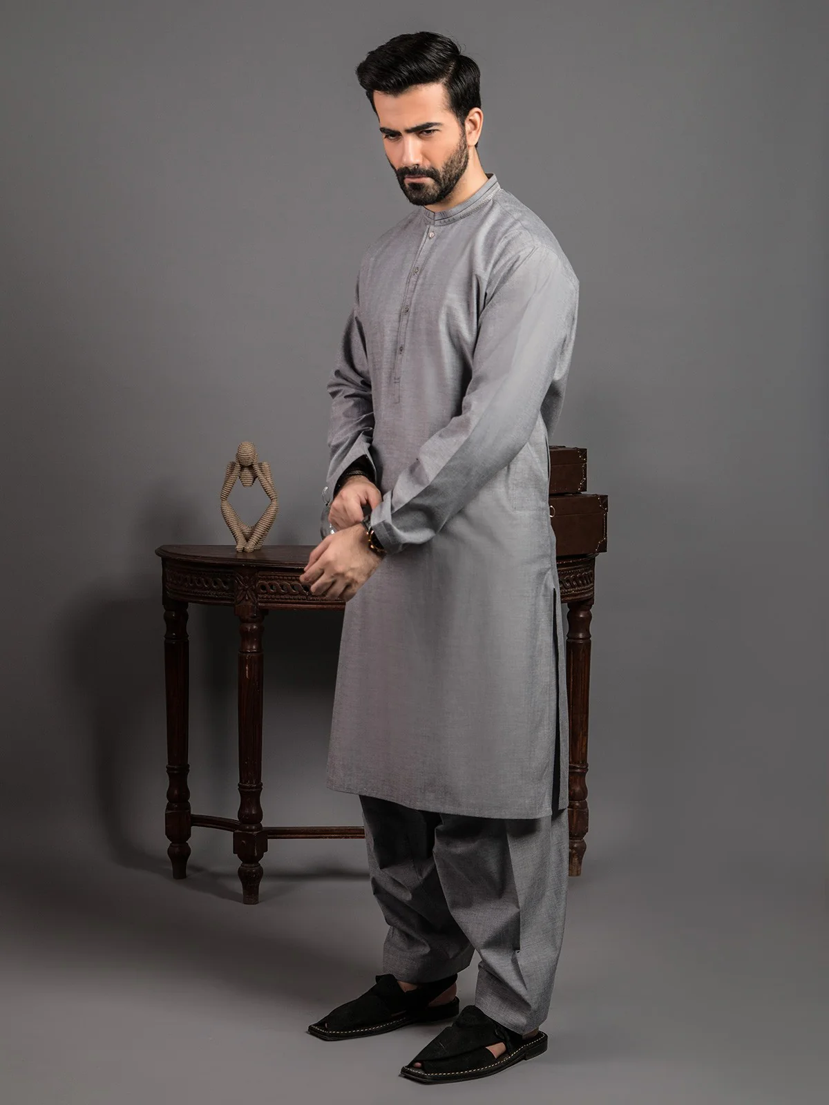 Men's Grey Shalwar Kameez - EMTKS19S-40777 - Image 2