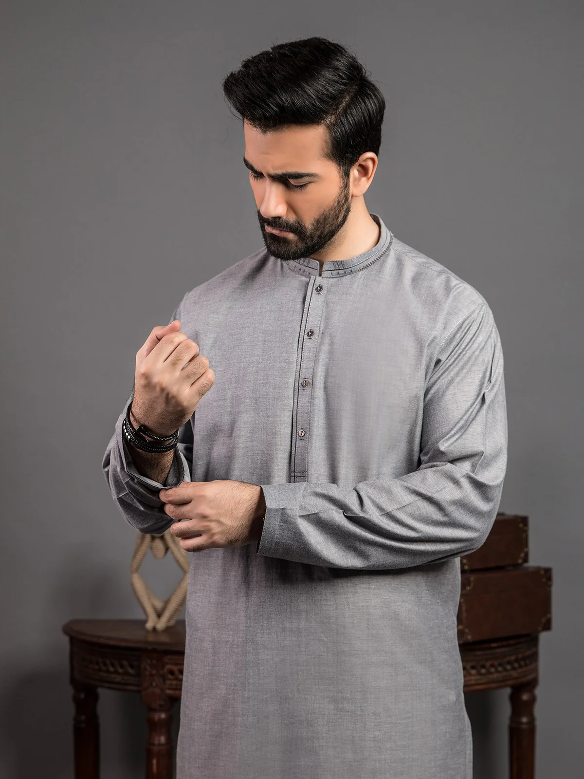 Men's Grey Shalwar Kameez - EMTKS19S-40777 - Image 3