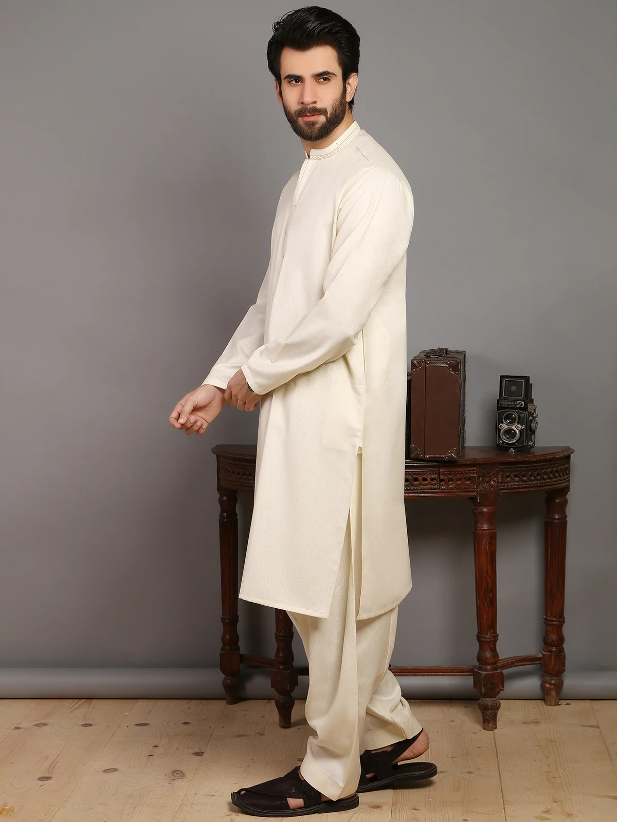 Men's Cream Shalwar Kameez - EMTKS19S-40779 - Image 2