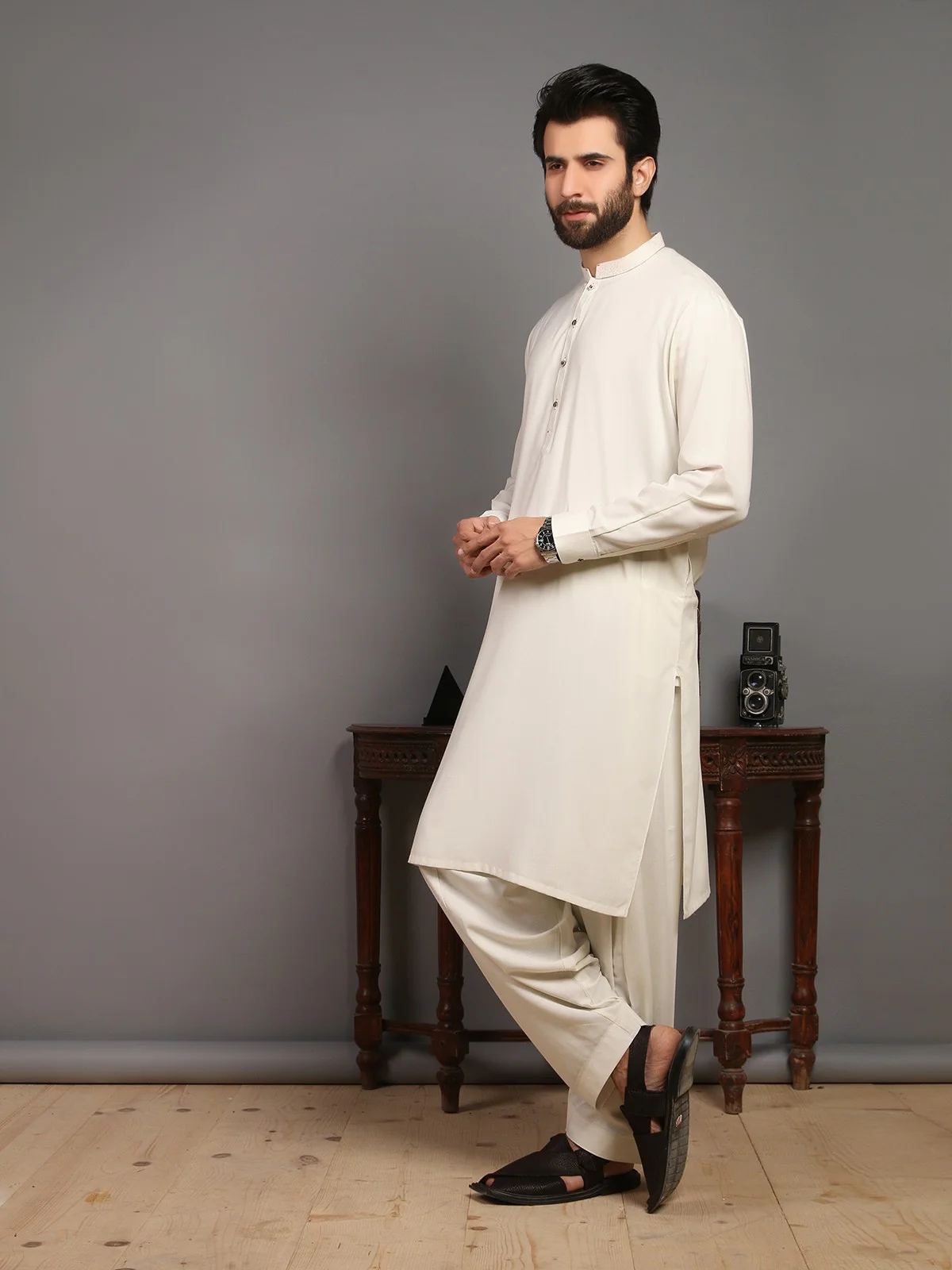 Men's Pearl White Shalwar Kameez - EMTKS19S-40780 - Image 2