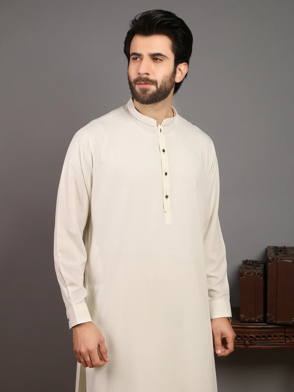 Men's Pearl White Shalwar Kameez - EMTKS19S-40780 - Image 3