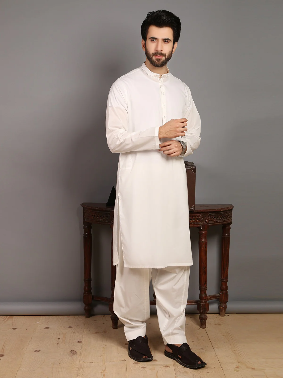 Men's Cream Shalwar Kameez - EMTKS19S-40781 - Image 2