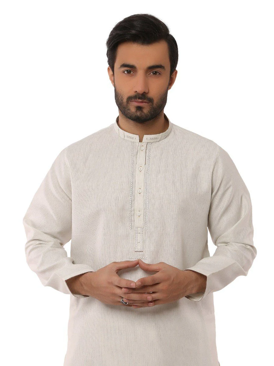 Men's Pearl White Shalwar Kameez - EMTKS19S-40790 - Image 2