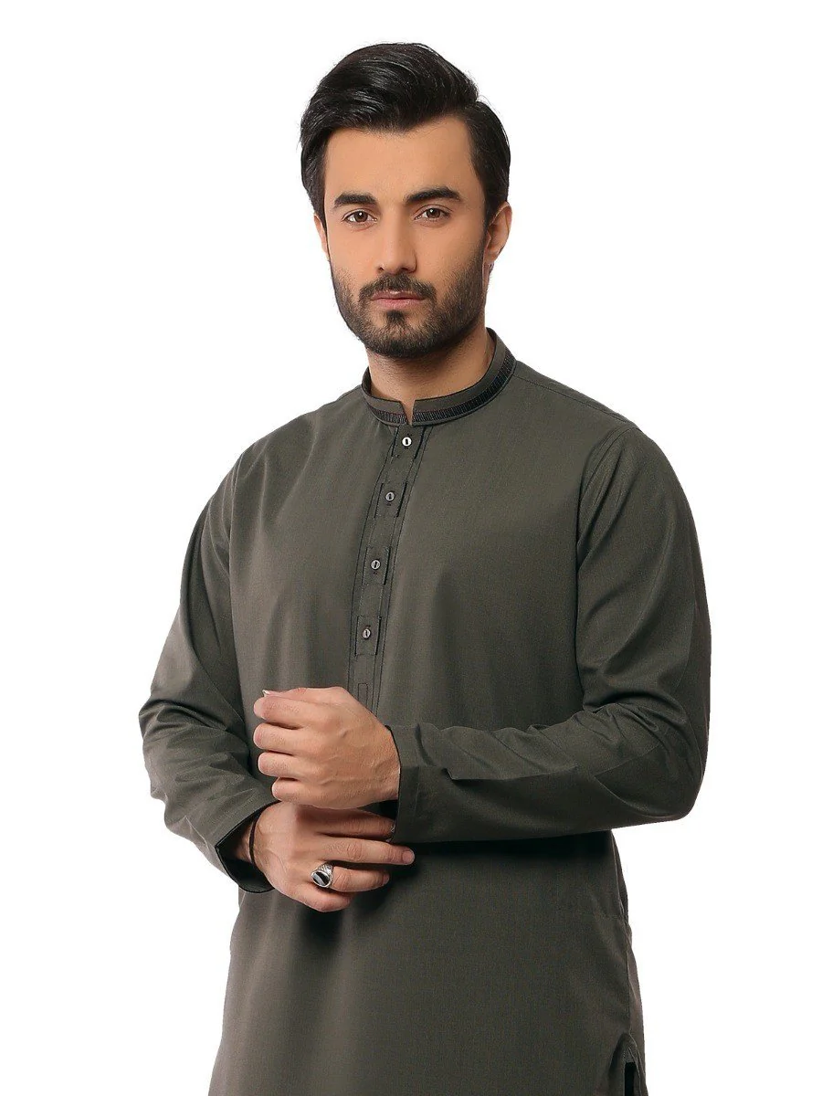Men's Olive Green Shalwar Kameez - EMTKS19S-40810 - Image 2
