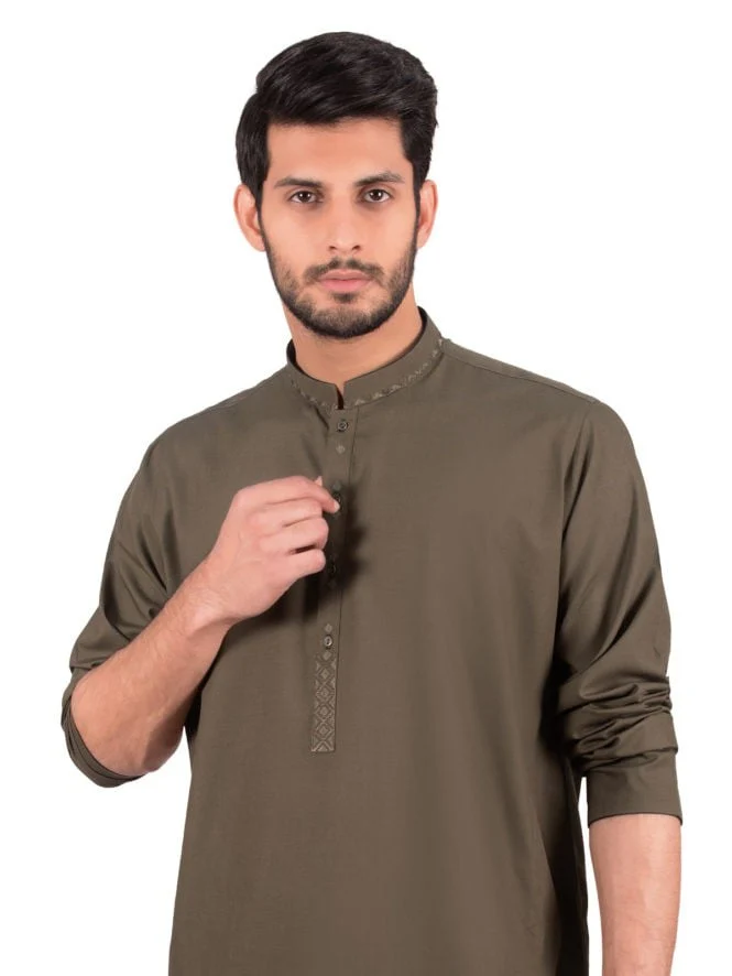 Men's Olive Shalwar Kameez - EMTKS19S-40841 - Image 2