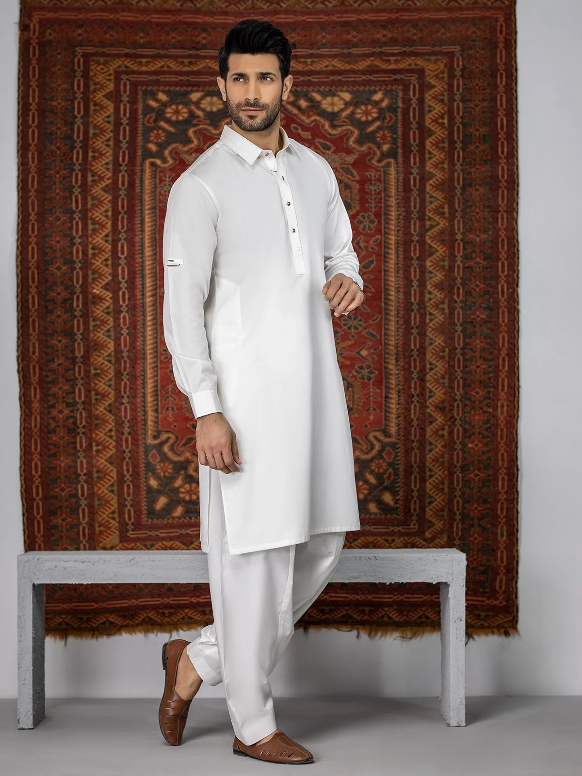 Men's Off White Shalwar Kameez - EMTKS20-047 - Image 4