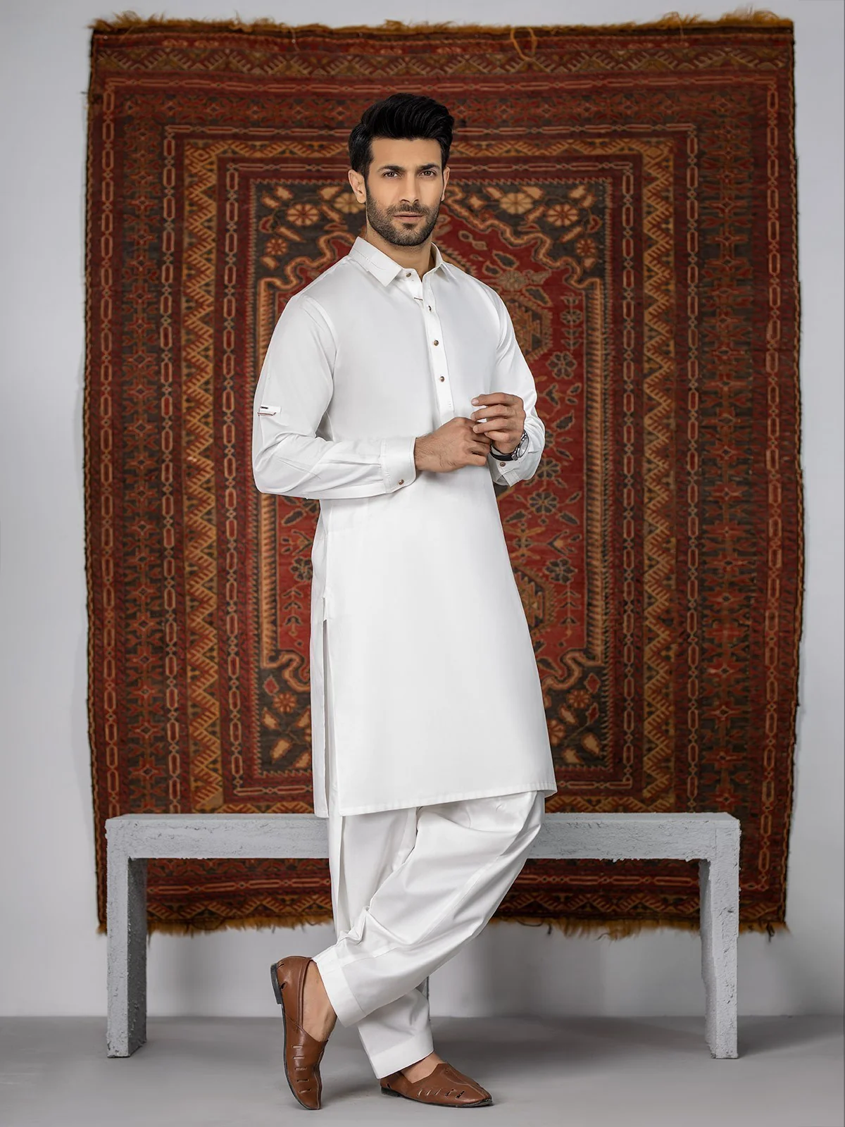 Men's Off White Shalwar Kameez - EMTKS20-047 - Image 5