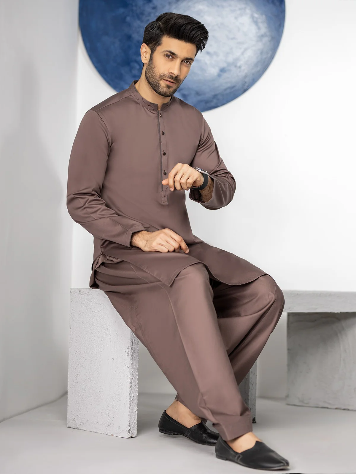 Men's Brown Shalwar Kameez - EMTKS20-051 - Image 3
