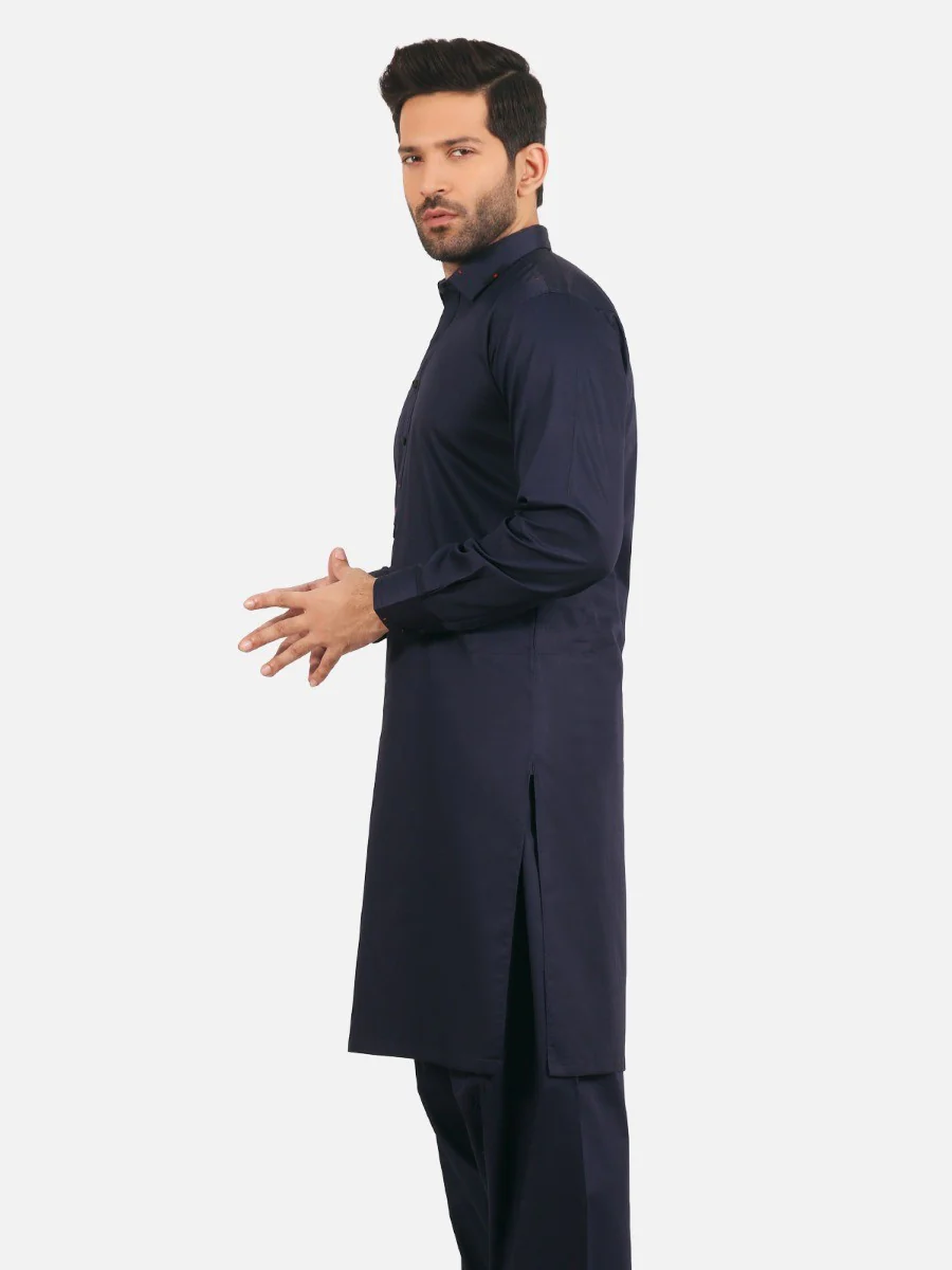 Men's Navy Blue Shalwar Kameez - EMTKS20-057 - Image 2
