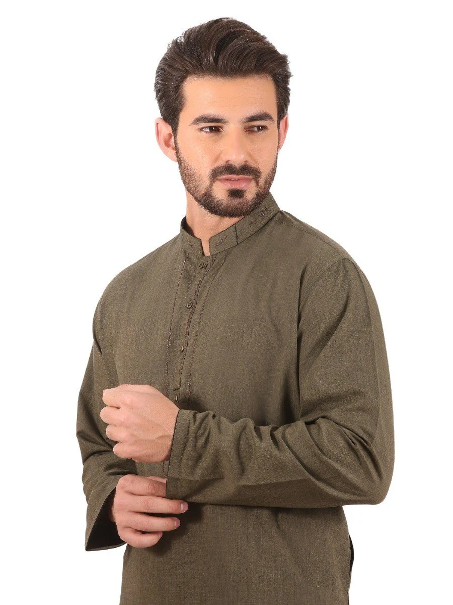 Men's Olive Shalwar Kameez - EMTKS20S-40837 - Image 2