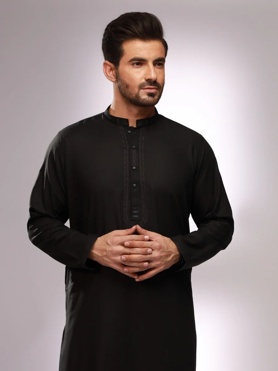 Men's Black Shalwar Kameez - EMTKS20S-40873 - Image 2