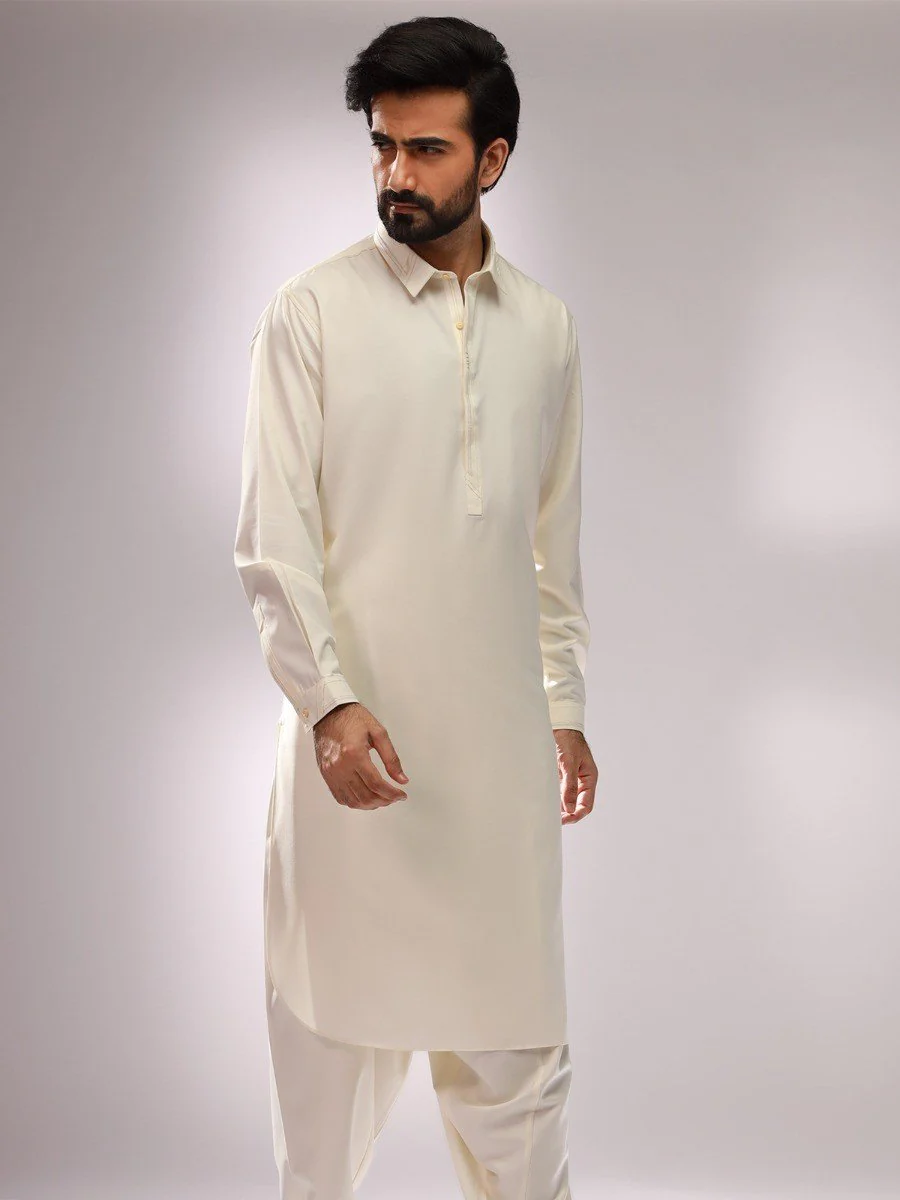 Men's Cream Shalwar Kameez - EMTKS20S-40879 - Image 2