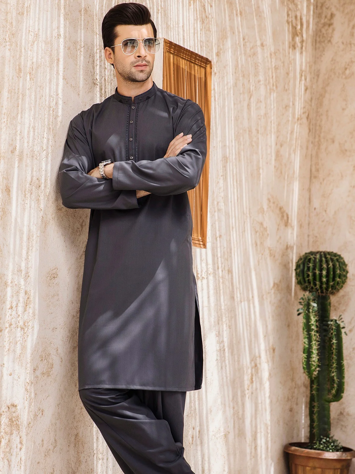 Men's Dark Grey Shalwar Kameez - EMTKS21S-40903 - Image 3