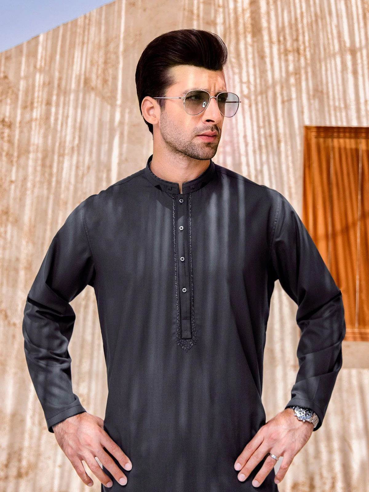 Men's Dark Grey Shalwar Kameez - EMTKS21S-40903 - Image 5