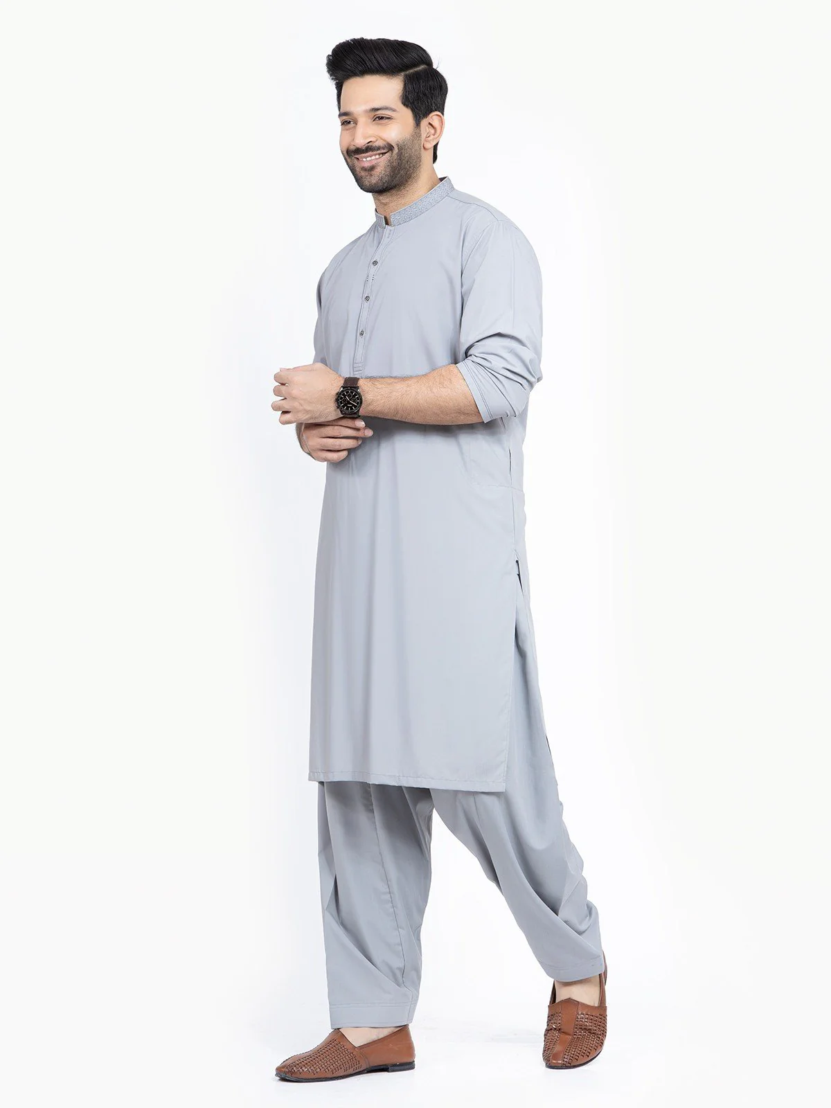 Men's Grey Shalwar Kameez - EMTKS22S-40946 - Image 2