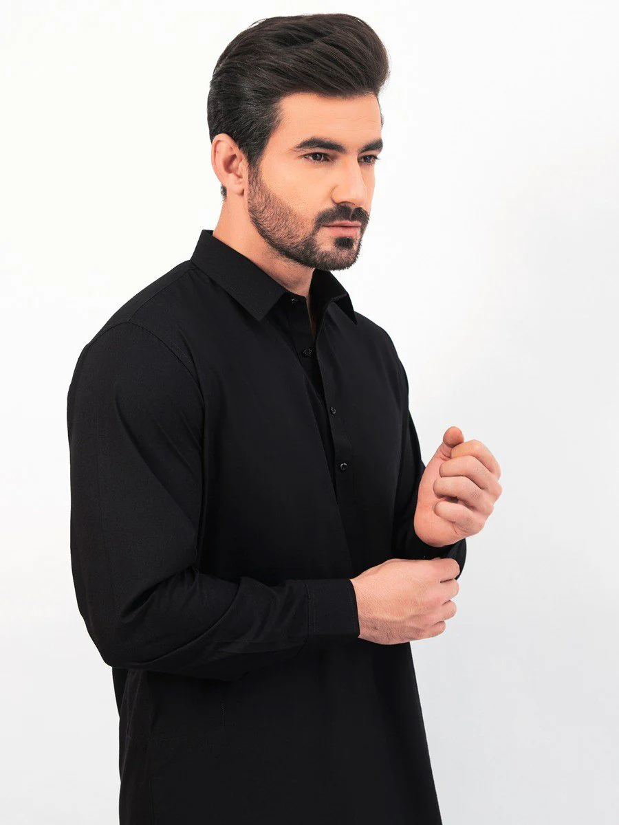 Men's Black Shalwar Kameez Plain - EMTKSP20S-40884 - Image 2