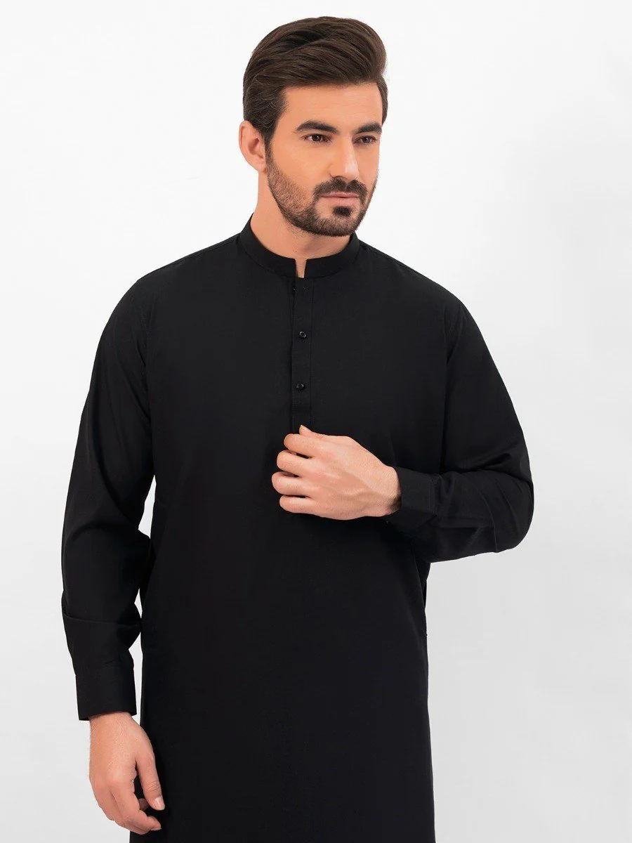 Men's Black Shalwar Kameez Plain - EMTKSP20S-40885 - Image 2