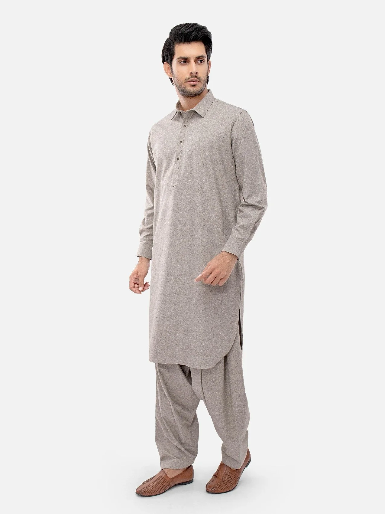 Men's Light Brown Shalwar Kameez Plain - EMTKSP21W-40928 - Image 3