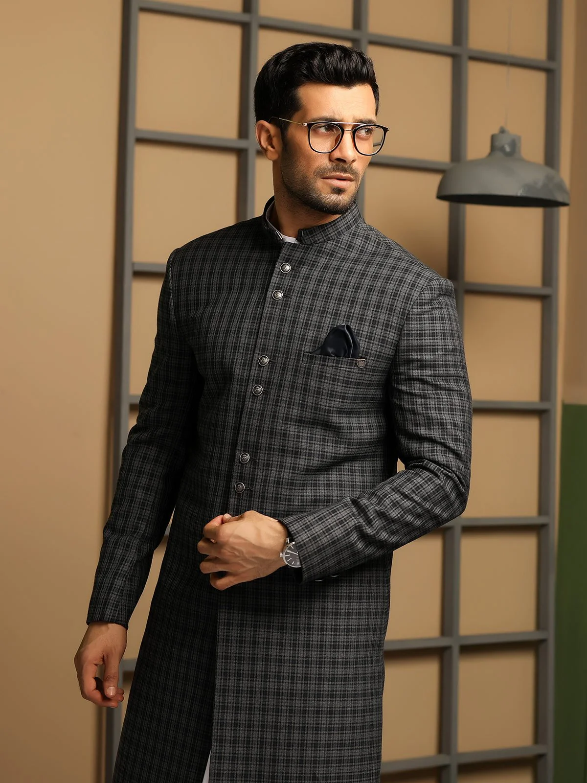 Men's Charcoal Sherwani - EMTS18-7171 - Image 2