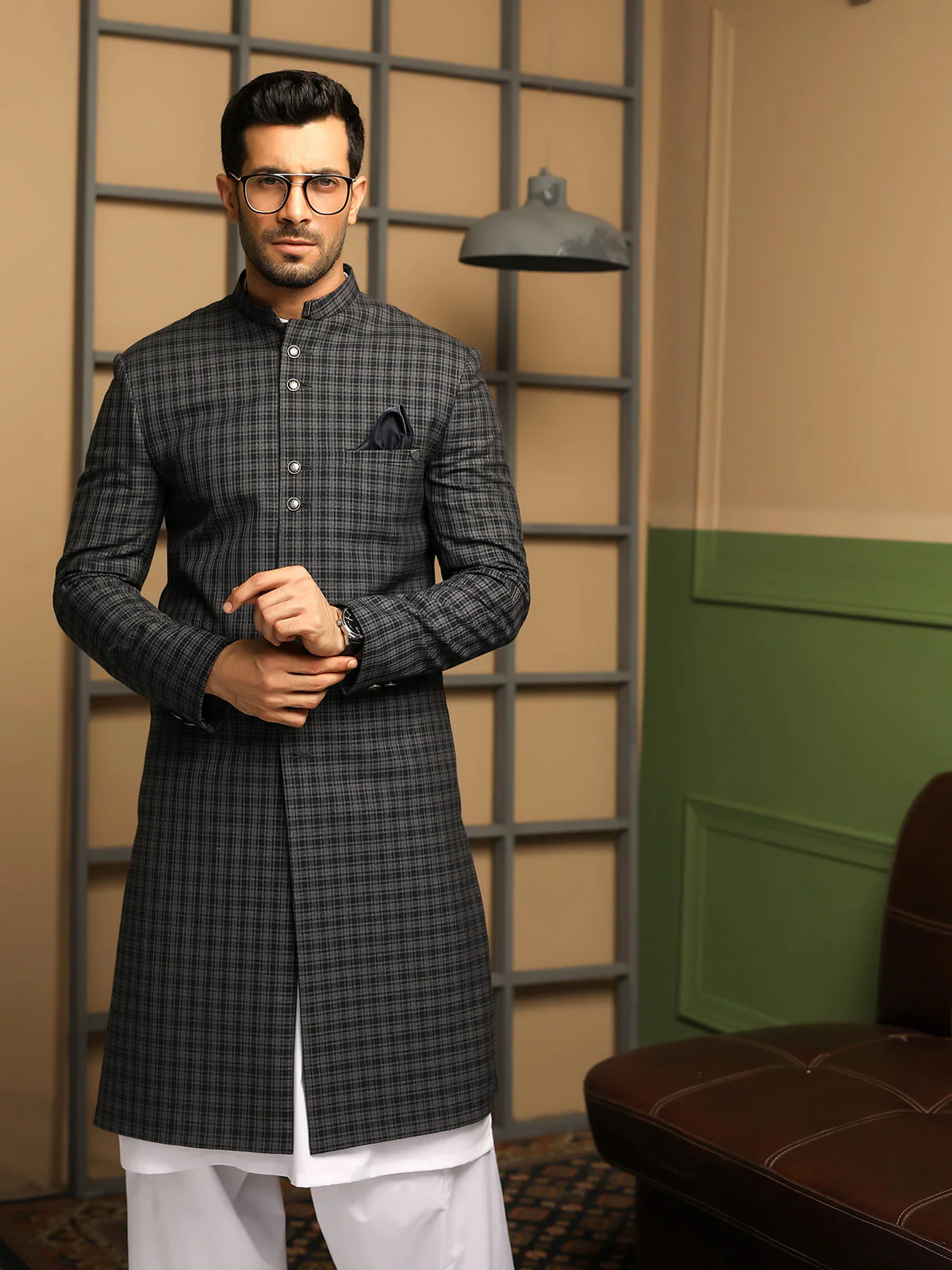 Men's Charcoal Sherwani - EMTS18-7171 - Image 3