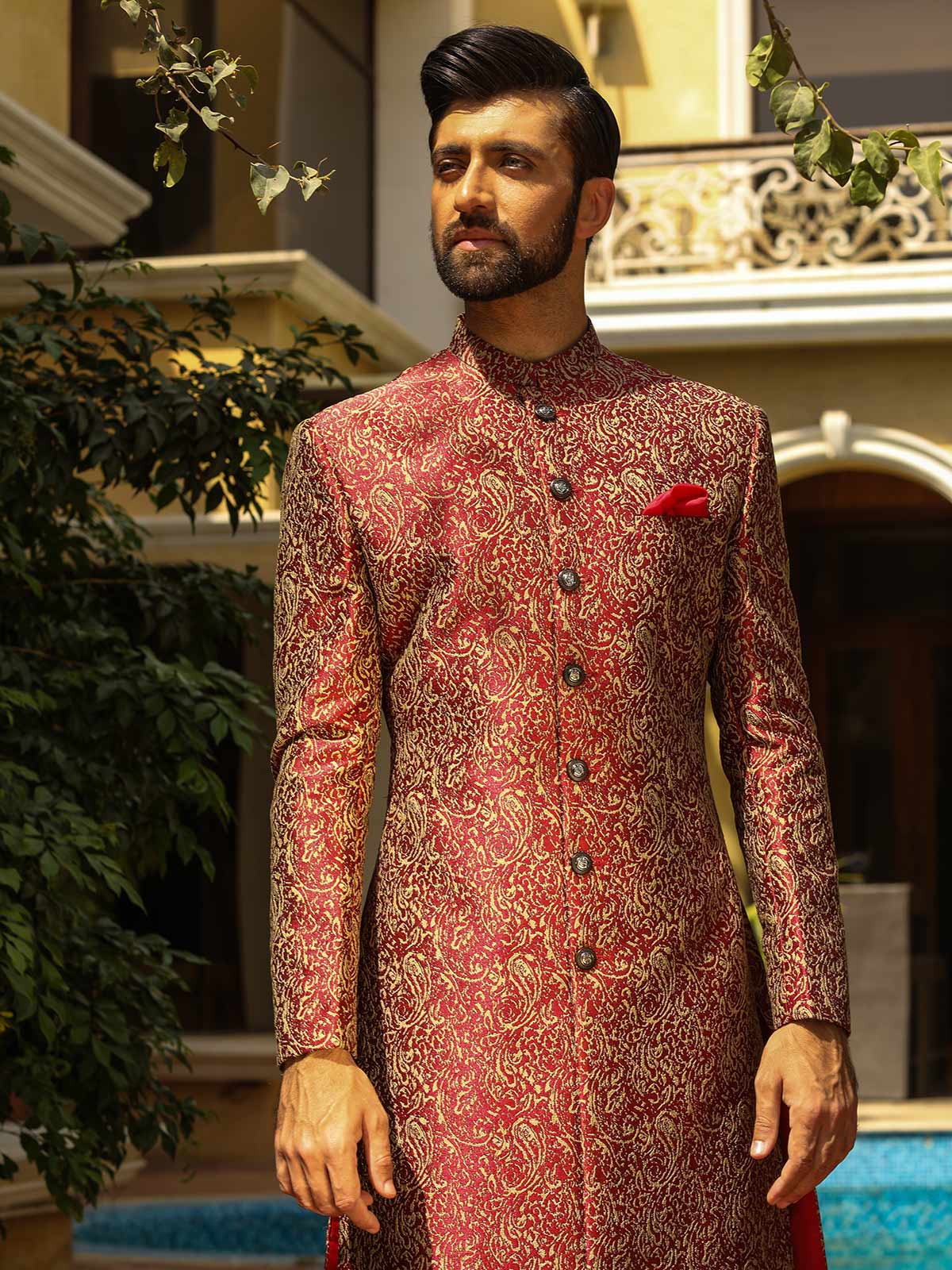 Men's Maroon Sherwani - EMTS18-7183 - Image 2