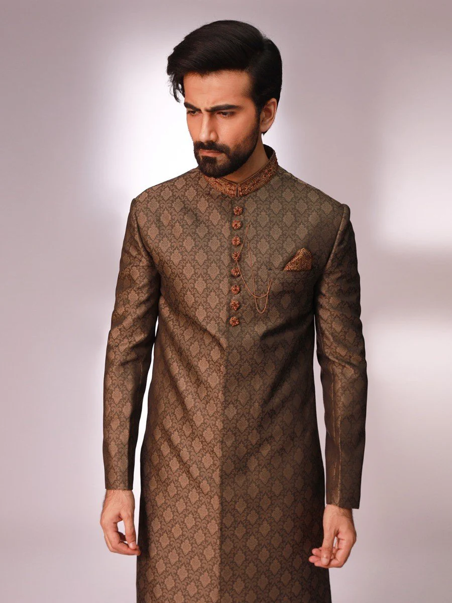 Men's Dark Olive Sherwani - EMTS20-7197 - Image 2