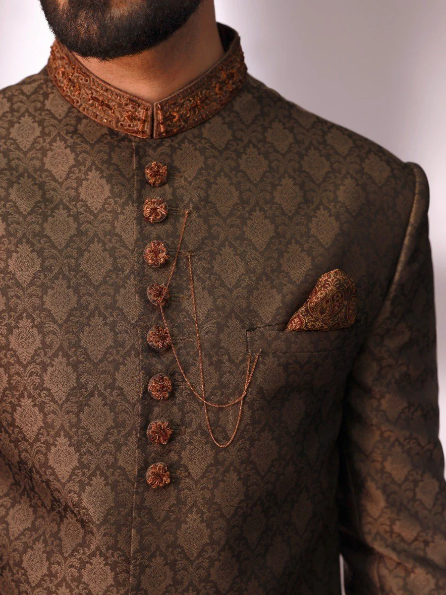 Men's Dark Olive Sherwani - EMTS20-7197 - Image 4