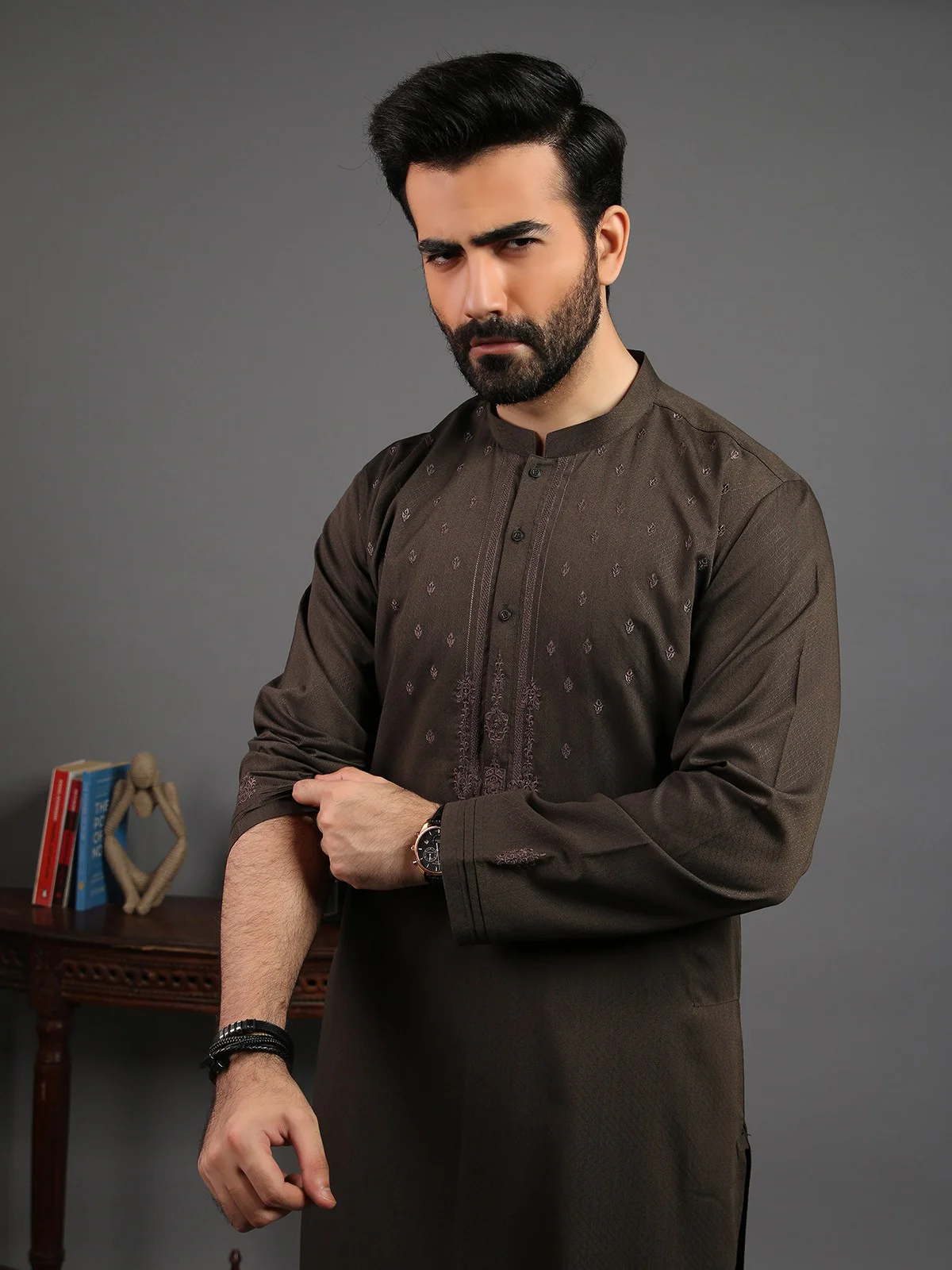 Men's Brown Shalwar Kameez Ceremonial - EMTSC19-038 - Image 2