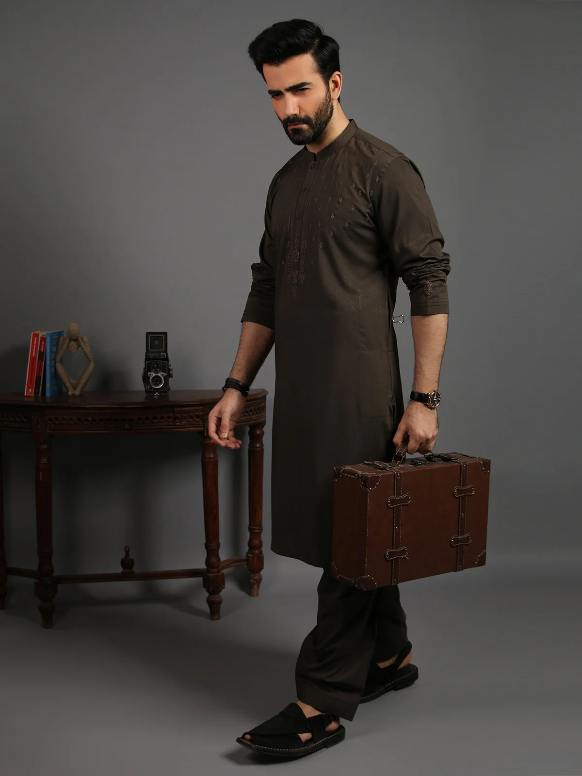 Men's Brown Shalwar Kameez Ceremonial - EMTSC19-038 - Image 3
