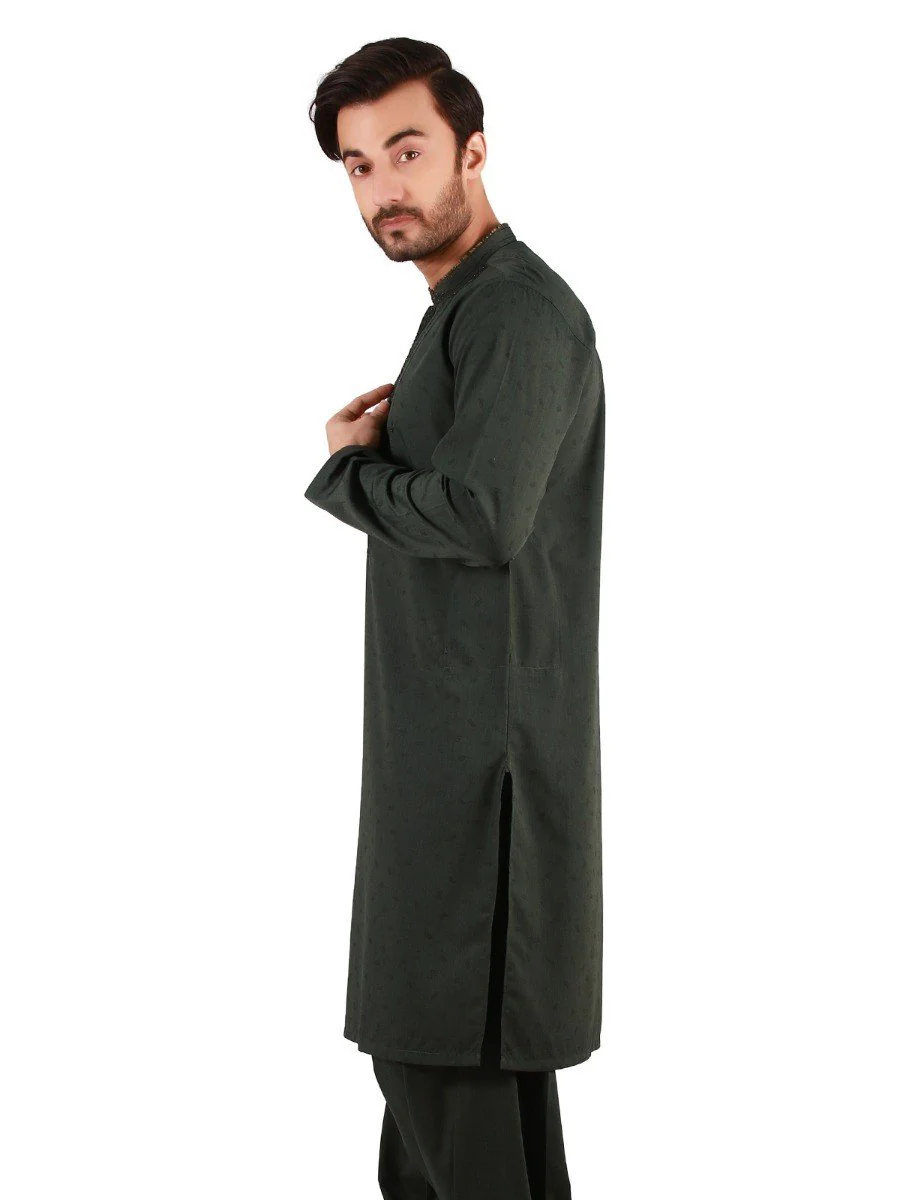 Men's Bottle Green Shalwar Kameez Ceremonial - EMTSC19-042 - Image 2