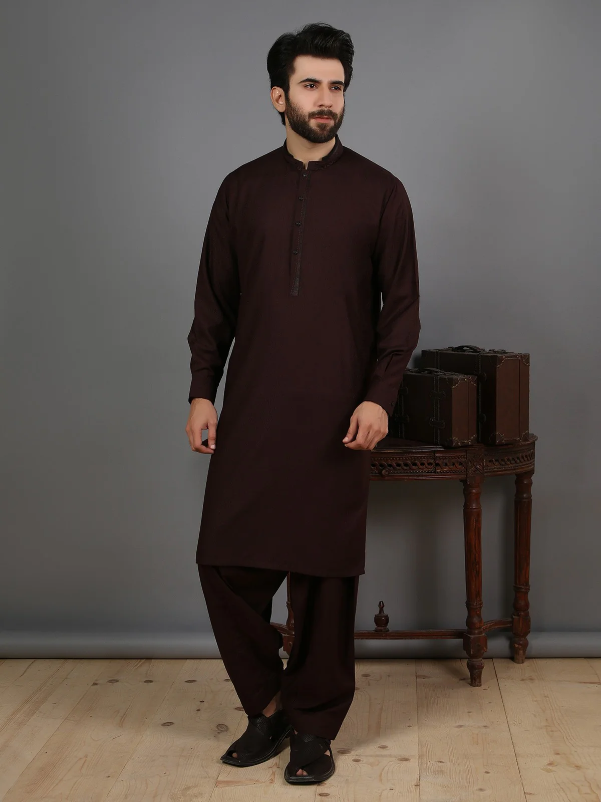 Men's Dark Plum Shalwar Kameez - EMTSW19S-9791 - Image 2