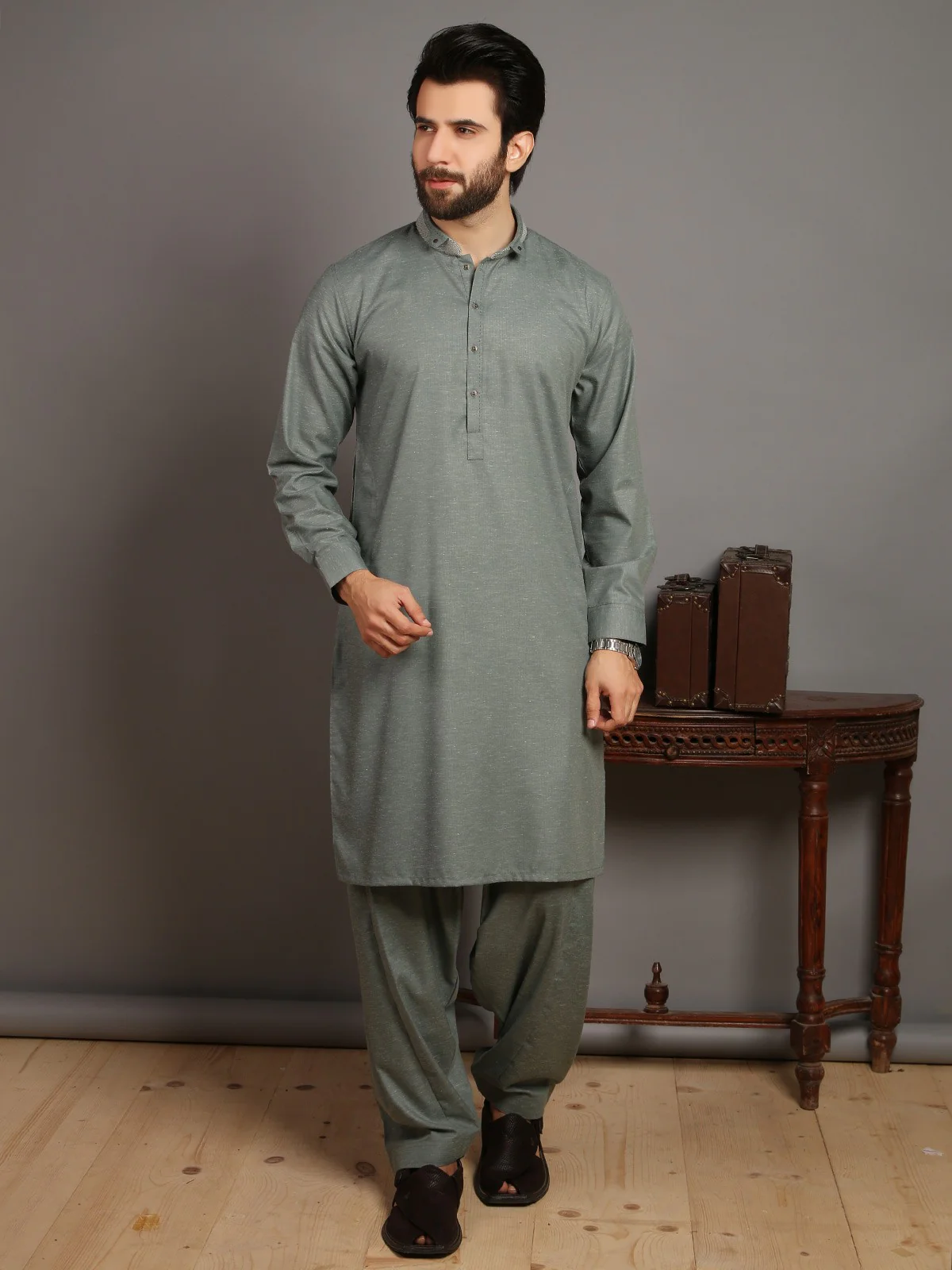 Men's Sea Green Shalwar Kameez - EMTSW19S-9793 - Image 2