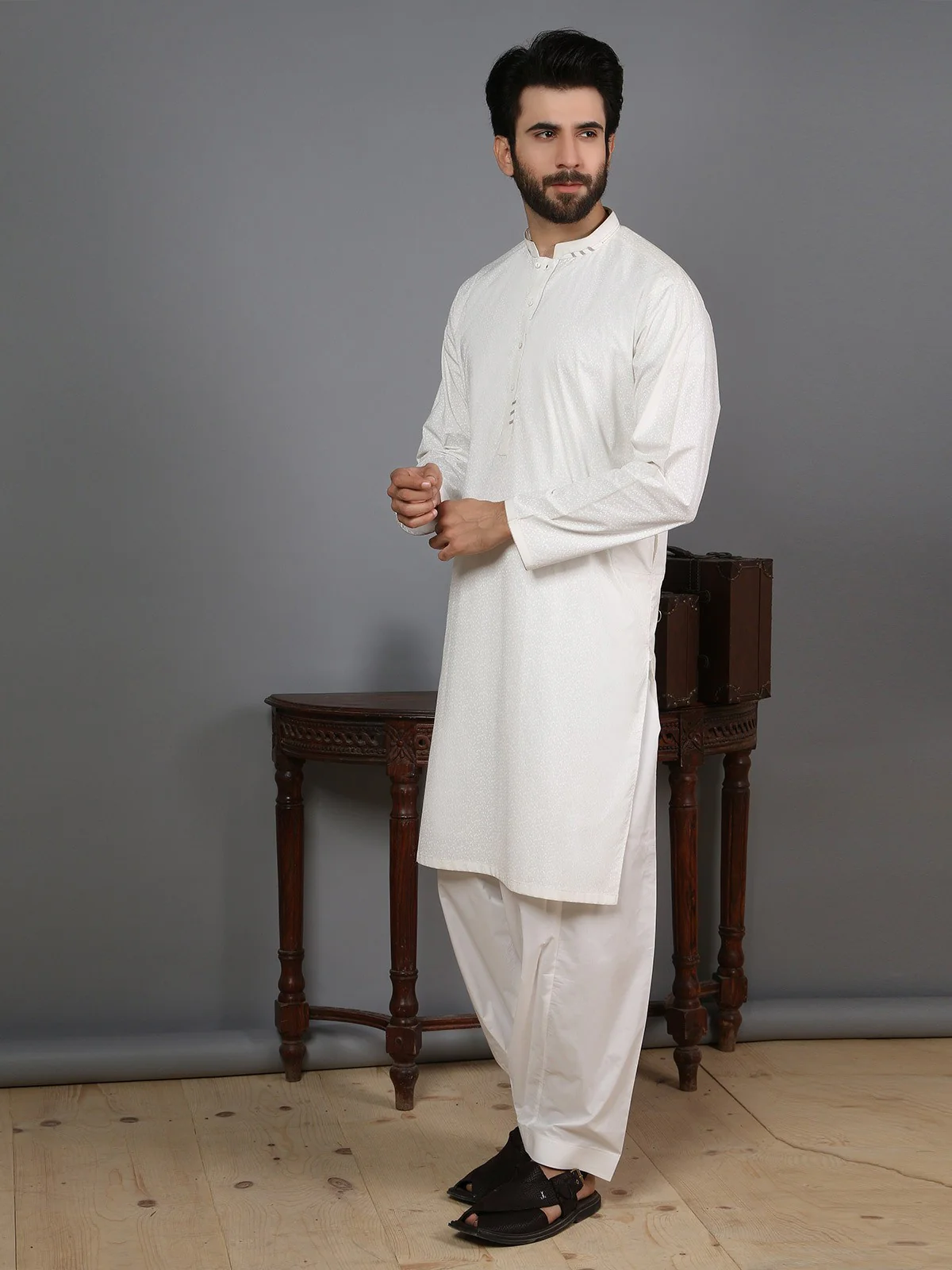 Men's Off White Shalwar Kameez - EMTSW19S-9822 - Image 2
