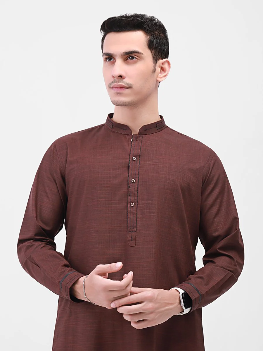 Men's Dark Maroon Shalwar Kameez - EMTSW21S-99137 - Image 2