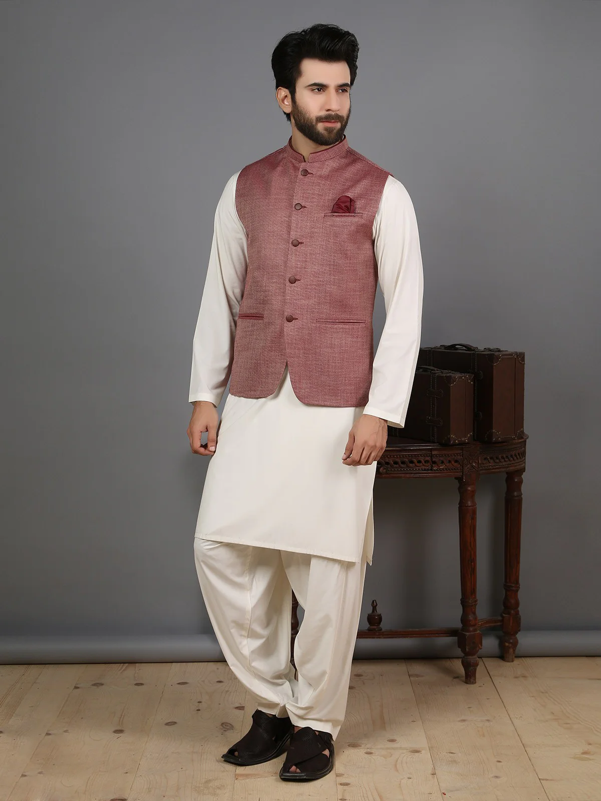 Men's Burgundy Waist Coat - EMTWC19-005 - Image 3