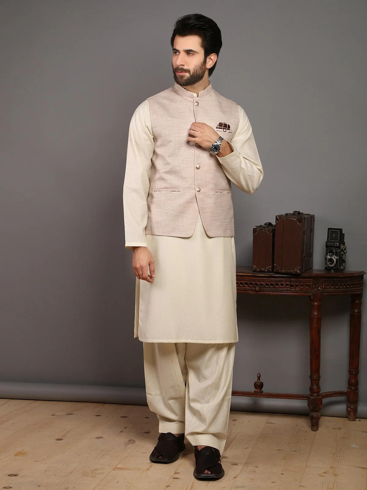 Men's Light Beige Waist Coat - EMTWC19-006 - Image 2