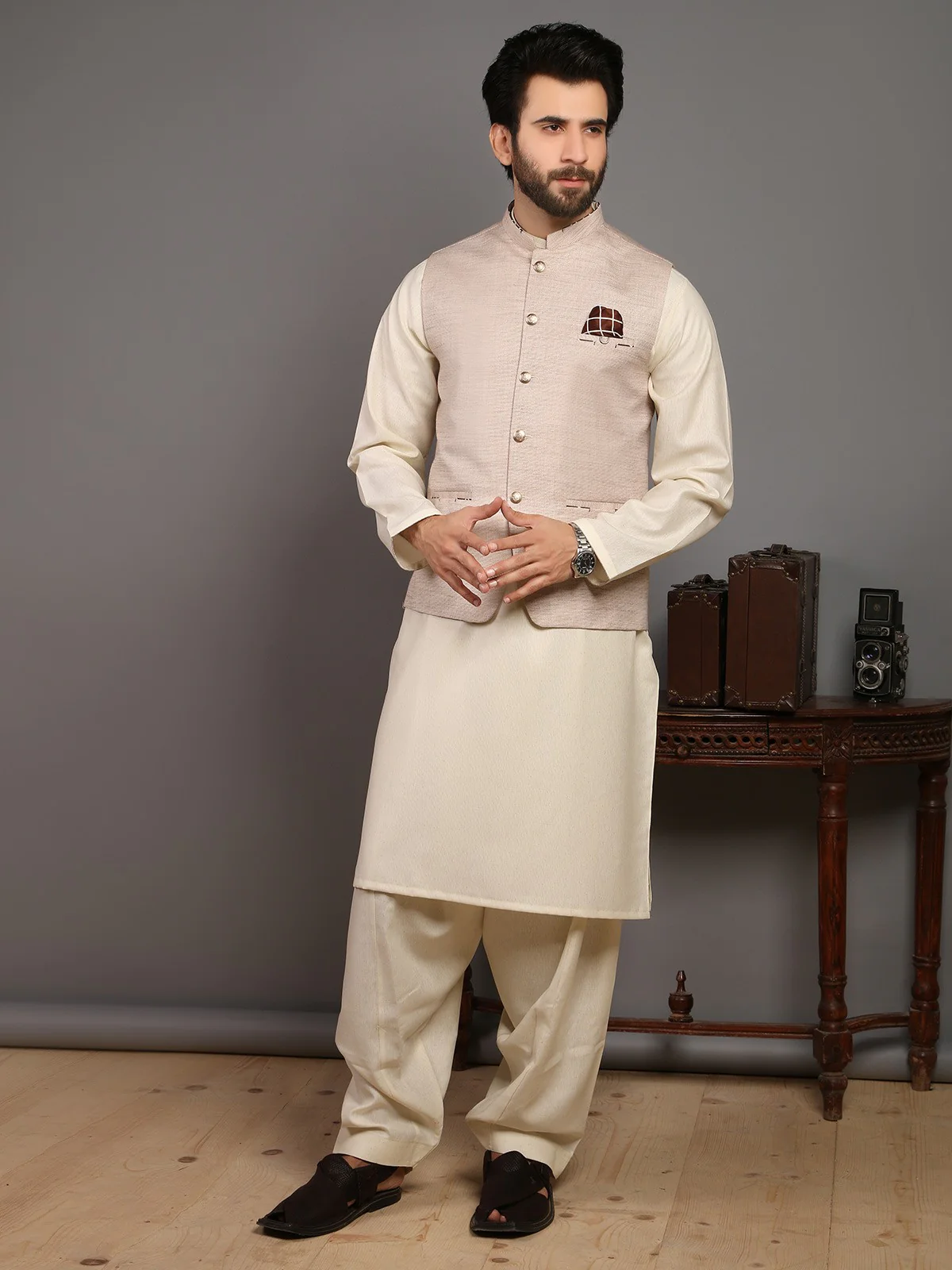 Men's Light Beige Waist Coat - EMTWC19-006 - Image 3