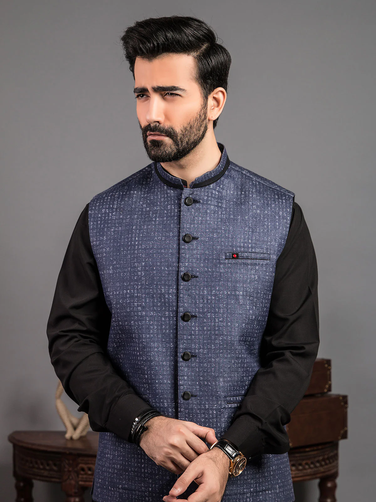 Men's Denim Blue Waist Coat - EMTWC19-35682 - Image 2