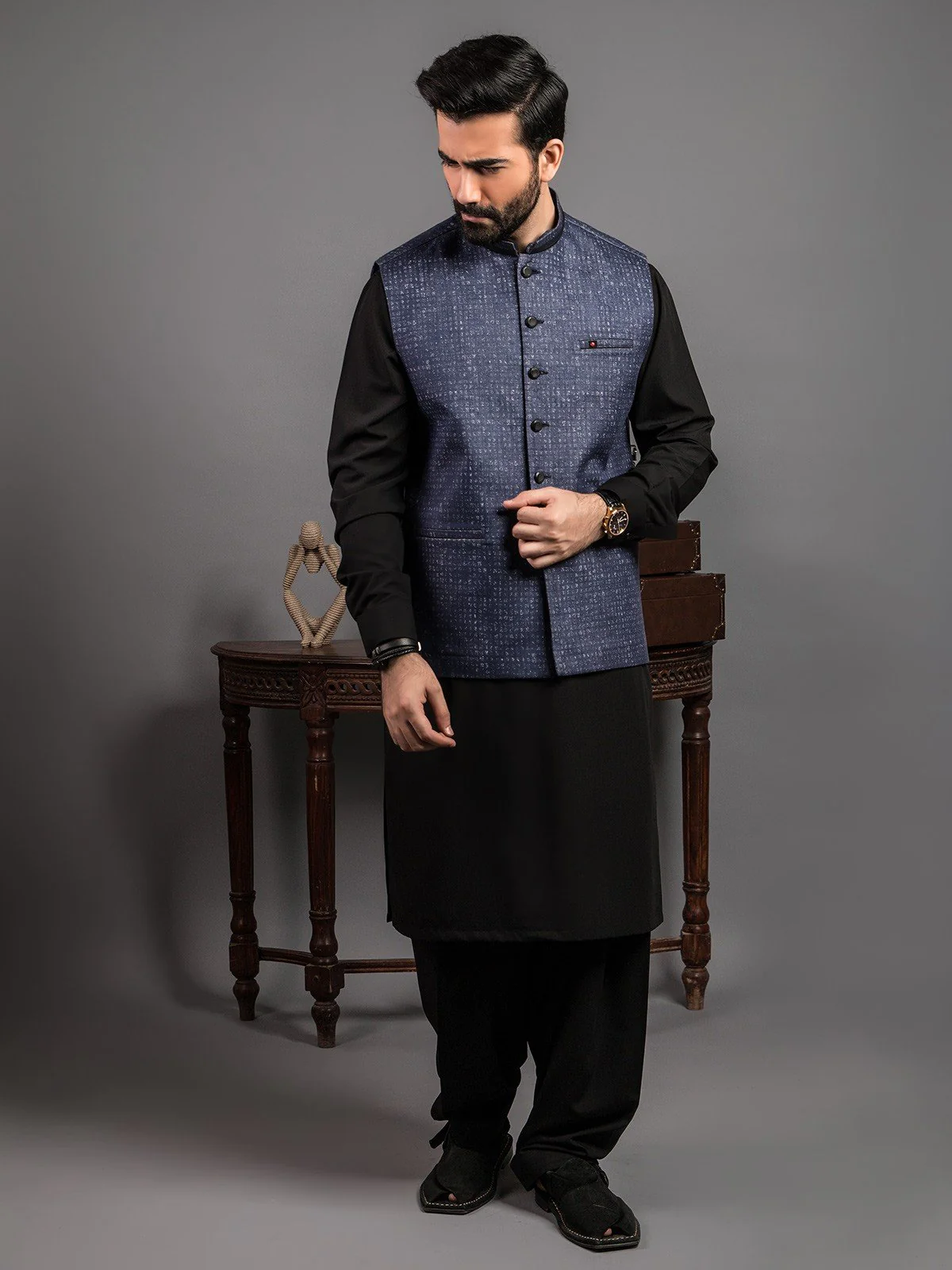 Men's Denim Blue Waist Coat - EMTWC19-35682 - Image 3
