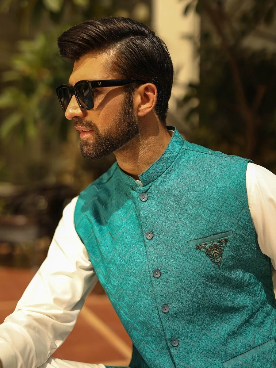 Men's Turquoise Waist Coat Ceremonial - EMTWCC18-052 - Image 3