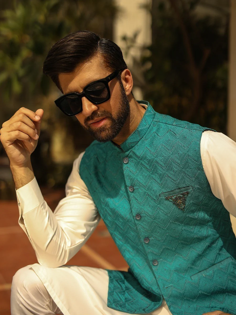 Men's Turquoise Waist Coat Ceremonial - EMTWCC18-052 - Image 4