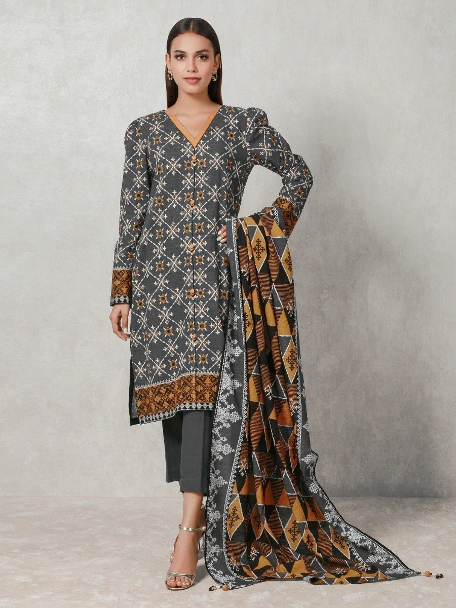Unstitched Printed Khaddar Shirt Dupatta - EWU20A10-20321