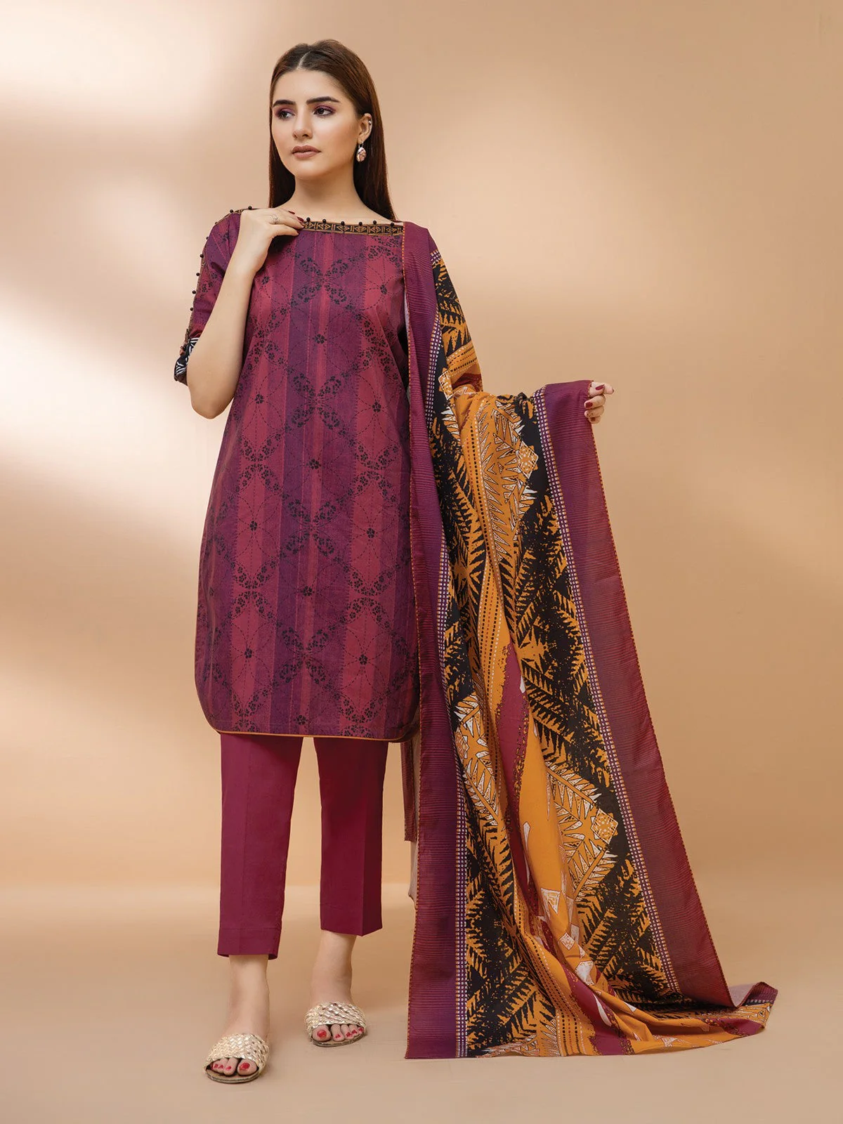 Unstitched Printed Khaddar Shirt Dupatta - EWU21A9-21470A